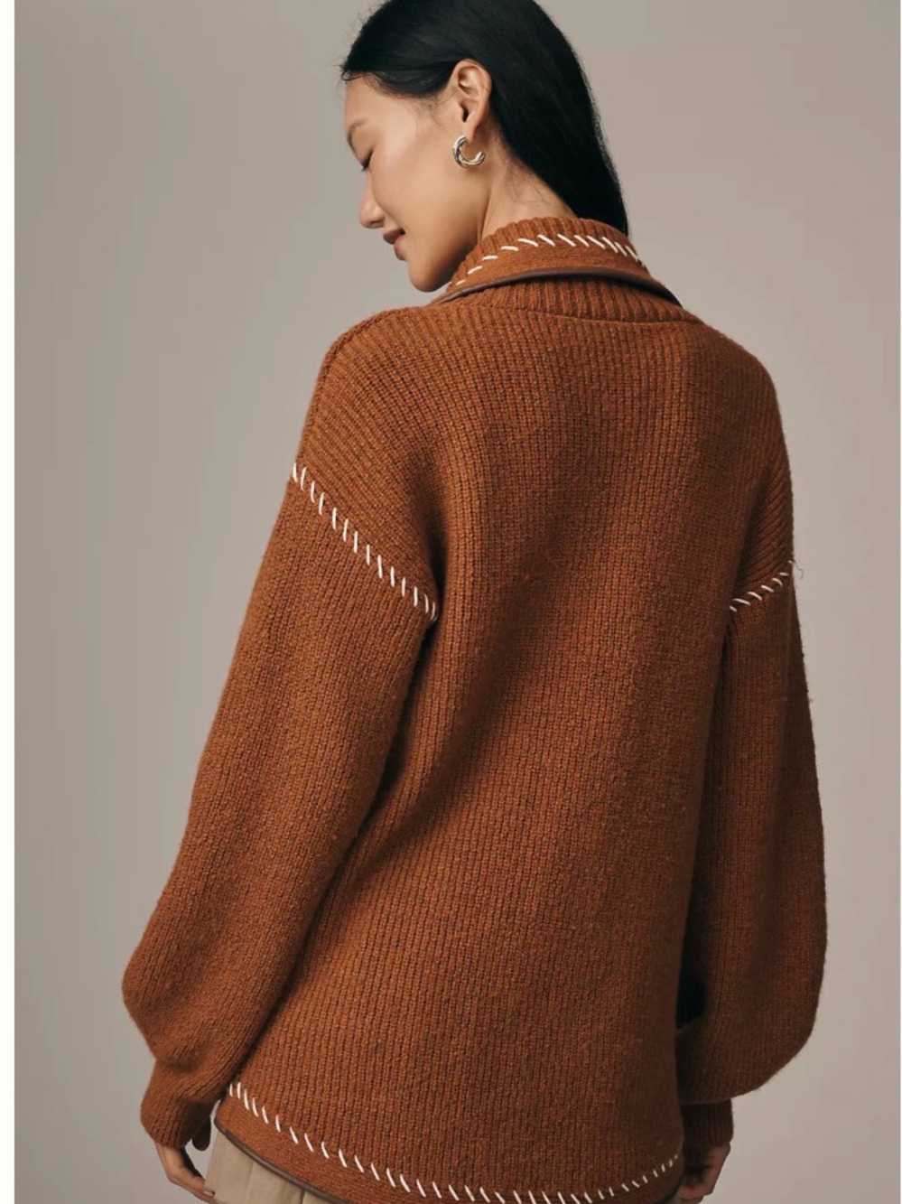NWT Anthropologie Maeve Faux Leather Trim Whipstitch Cardigan Sweater - Picture 2 of 8